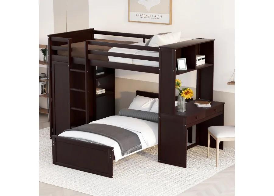 Merax Loft Bed with Storage Shelves and Wardrobe