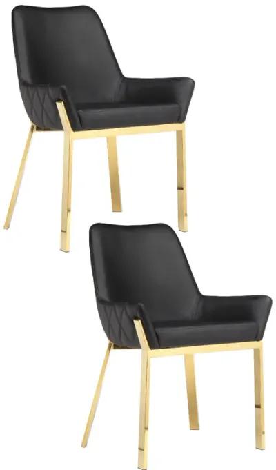 Fuma 23 Inch Dining Accent Chair Set of 2, Tufted, Black Faux Leather, Gold - Benzara