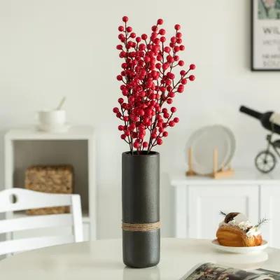 Decorative Modern Ceramic Cylinder Shape Table Vase Flower Holder with Rope, Black Set of 2