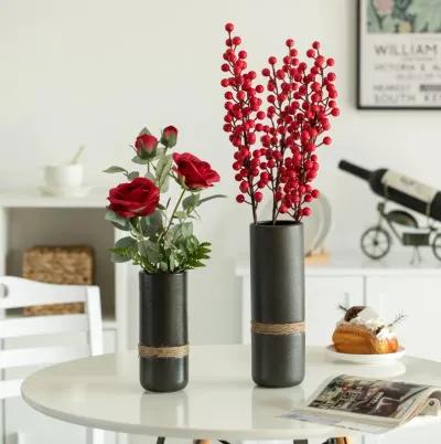 Decorative Modern Ceramic Cylinder Shape Table Vase Flower Holder with Rope, Black Set of 2