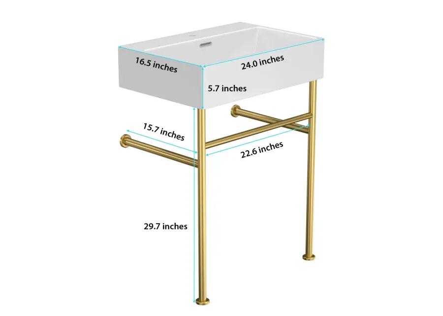 24" Bathroom Console Sink With Overflow, Ceramic Console Sink White Basin Gold Legs