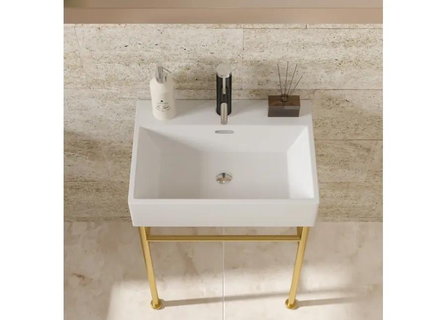 24" Bathroom Console Sink With Overflow, Ceramic Console Sink White Basin Gold Legs