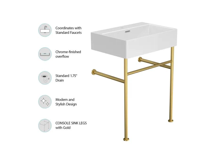 24" Bathroom Console Sink With Overflow, Ceramic Console Sink White Basin Gold Legs