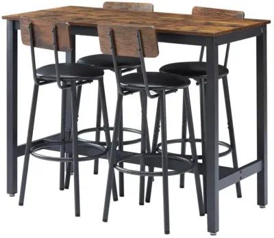 Rustic Brown Bar Table Set with 4 Stools