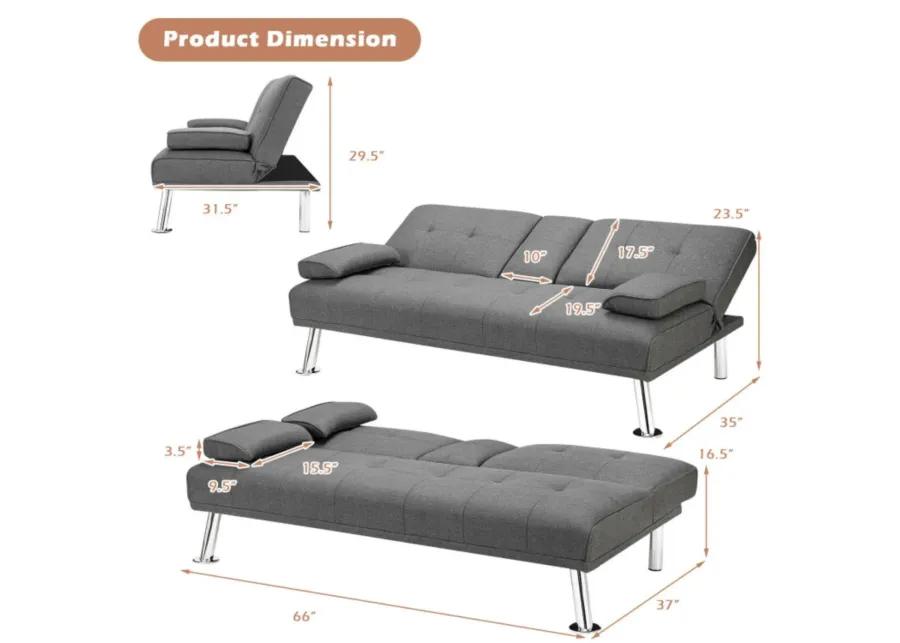 Convertible Folding Futon Sofa Bed Fabric with 2 Cup Holders