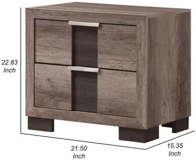 Rangley 24 Inch Nightstand, 2 Drawers, Chrome Metal Handles, Brown Wood - Benzara