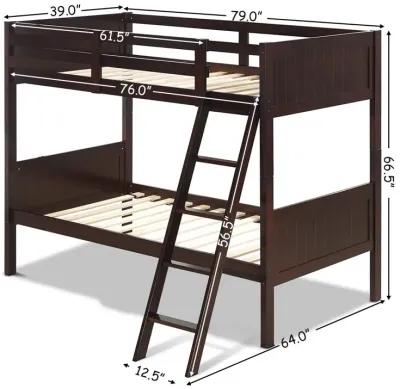 Wooden Twin Over Twin Bunk Bed Frames with Ladder and Safety Rail