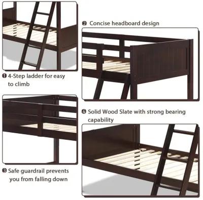 Wooden Twin Over Twin Bunk Bed Frames with Ladder and Safety Rail