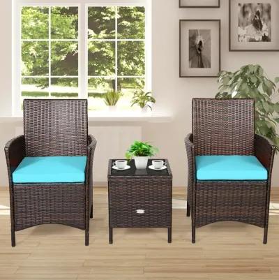 3 Pieces Patio Cushioned Rattan Converstaion Set With Glass Table Top