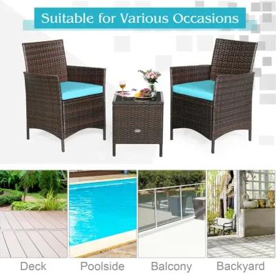 3 Pieces Patio Cushioned Rattan Converstaion Set With Glass Table Top