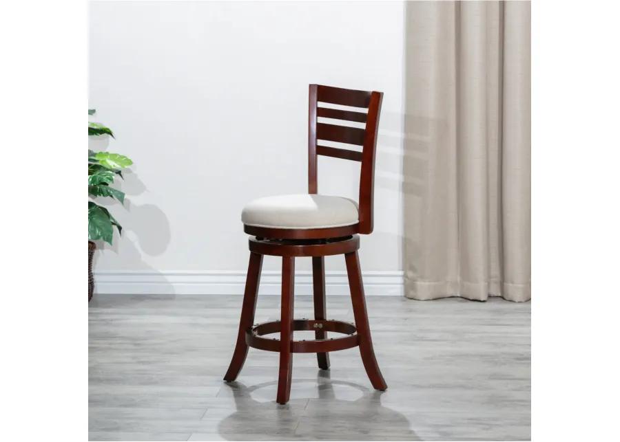 24" Counter Height Slat Back Swivel Stool, Cherry Finish, Beige Fabric Seat