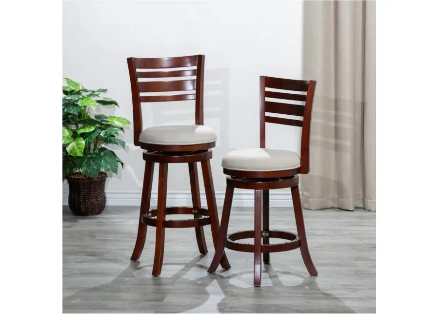 24" Counter Height Slat Back Swivel Stool, Cherry Finish, Beige Fabric Seat