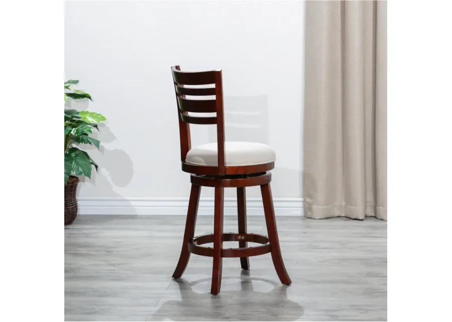 24" Counter Height Slat Back Swivel Stool, Cherry Finish, Beige Fabric Seat