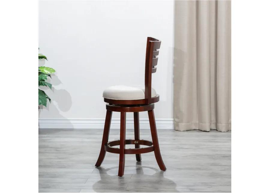 24" Counter Height Slat Back Swivel Stool, Cherry Finish, Beige Fabric Seat