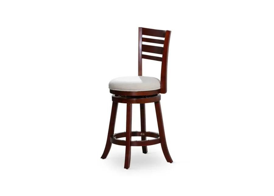 24" Counter Height Slat Back Swivel Stool, Cherry Finish, Beige Fabric Seat