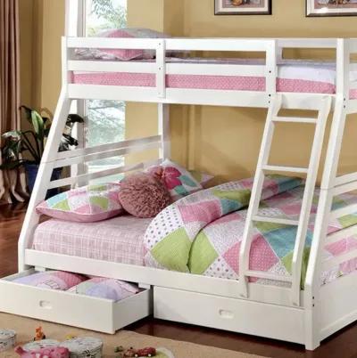 Twin Over Full Wooden Bunk Bed with Storage, White-Benzara