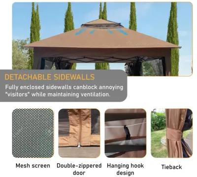 Pop Up Gazebo Canopy With Netting, 2-Tier Soft Top Tent, 11x11FT, Brown