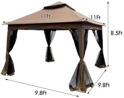 Pop Up Gazebo Canopy With Netting, 2-Tier Soft Top Tent, 11x11FT, Brown