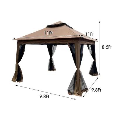 Pop Up Gazebo Canopy With Netting, 2-Tier Soft Top Tent, 11x11FT, Brown