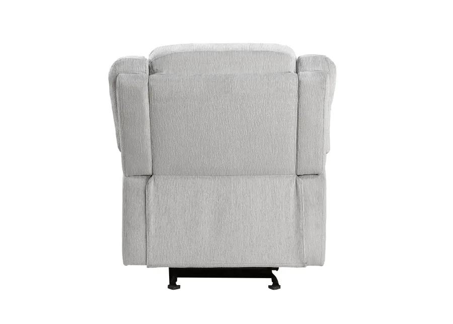 Chris 38 Inch Manual Glider Recliner Chair, Solid Wood, Light Gray Chenille - Benzara