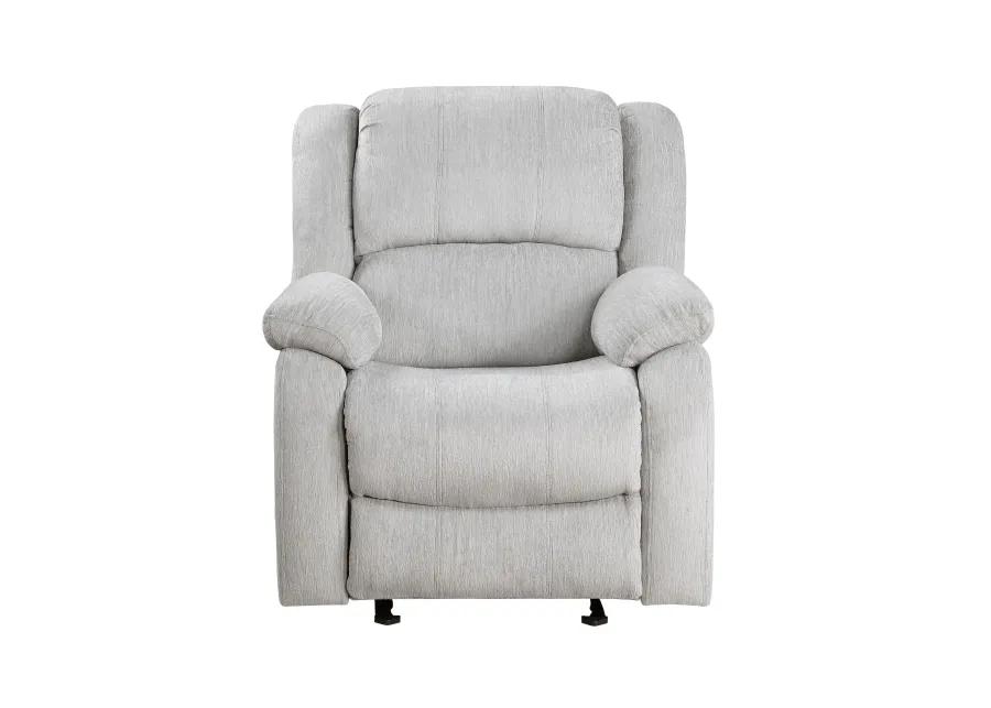 Chris 38 Inch Manual Glider Recliner Chair, Solid Wood, Light Gray Chenille - Benzara