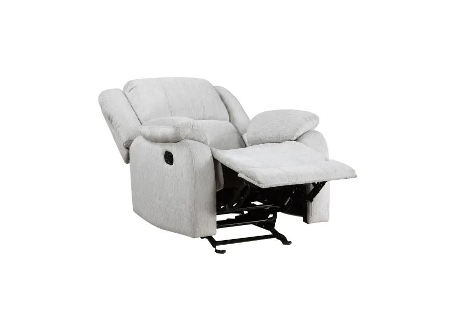 Chris 38 Inch Manual Glider Recliner Chair, Solid Wood, Light Gray Chenille - Benzara