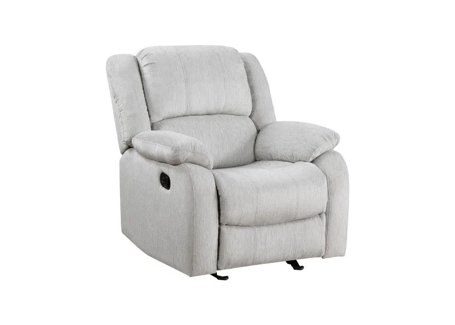 Chris 38 Inch Manual Glider Recliner Chair, Solid Wood, Light Gray Chenille - Benzara