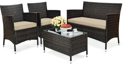 4 Pieces Comfortable Outdoor Rattan Sofa Set with Glass Coffee Table