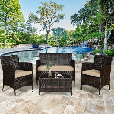 4 Pieces Comfortable Outdoor Rattan Sofa Set with Glass Coffee Table