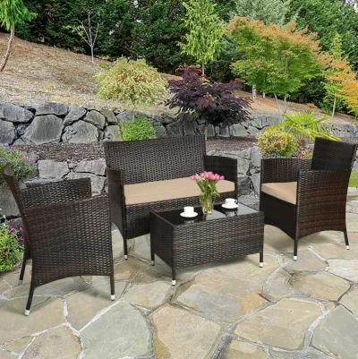 4 Pieces Comfortable Outdoor Rattan Sofa Set with Glass Coffee Table