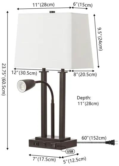 Blaire 23.75" 2-Light Modern Farmhouse Metal LED Table Lamp with USB Charging port, Adjustable Reading Light and AC Outlet, Oil Rubbed Bronze