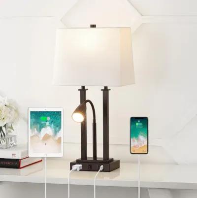 Blaire 23.75" 2-Light Modern Farmhouse Metal LED Table Lamp with USB Charging port, Adjustable Reading Light and AC Outlet, Oil Rubbed Bronze