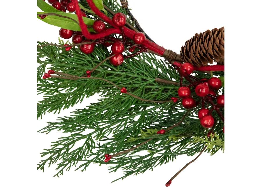 Mixed Greenery and Berry Artificial Asymmetrical Christmas Wreath  18-Inch  Unlit