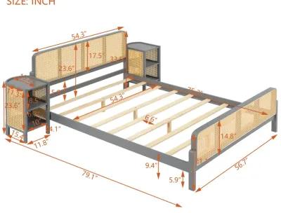 3 Pieces Rattan Platform Full Size Bed With 2 Nightstands, Gray