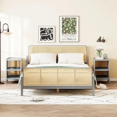 3 Pieces Rattan Platform Full Size Bed With 2 Nightstands, Gray