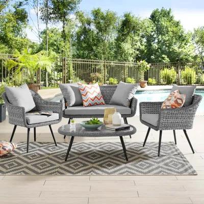 Modway - Endeavor 4 Piece Outdoor Patio Wicker Rattan Loveseat Armchair and Coffee Table Set Gray