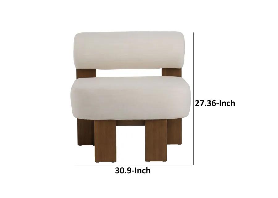 Cid Rosy 31 Inch Accent Chair, Off White Fabric, Foam Cushions, Brown Wood - Benzara