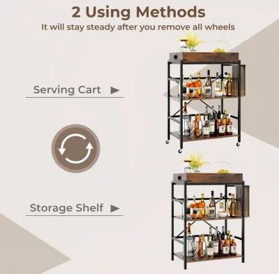 3-Tier Industrial Bar Cart with Detachable Tray for Kitchens-Rustic Brown