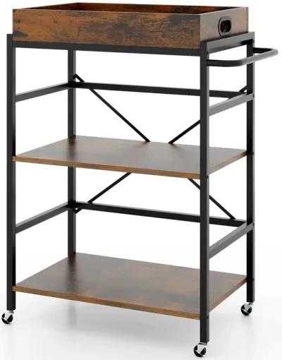 3-Tier Industrial Bar Cart with Detachable Tray for Kitchens-Rustic Brown