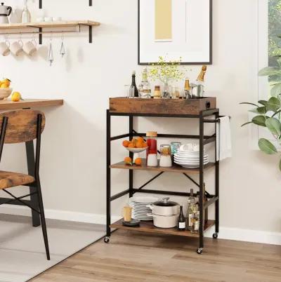 3-Tier Industrial Bar Cart with Detachable Tray for Kitchens-Rustic Brown