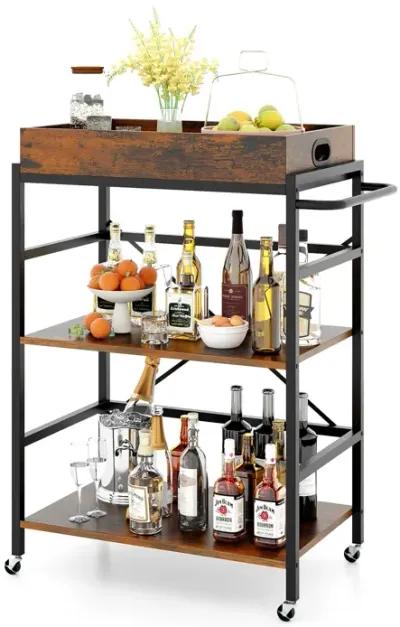 3-Tier Industrial Bar Cart with Detachable Tray for Kitchens-Rustic Brown