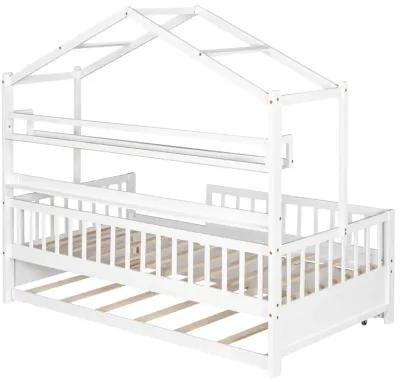 Merax Wooden House Bed with Twin Size Trundle