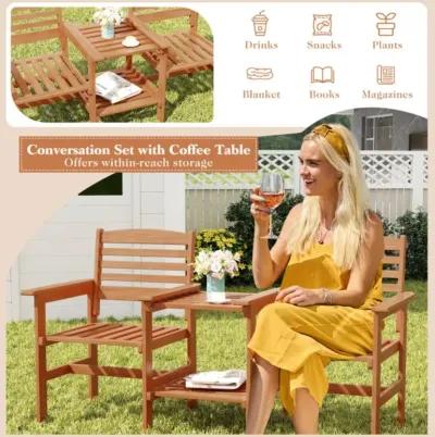 Hivvago Outdoor Patio Wood 2-Seat Conversation Set with Coffee Table and Umbrella Hole