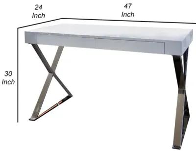 Rix 47 Inch Office Desk, White Wood Top, 2 Drawers, X Polished Steel Legs - Benzara