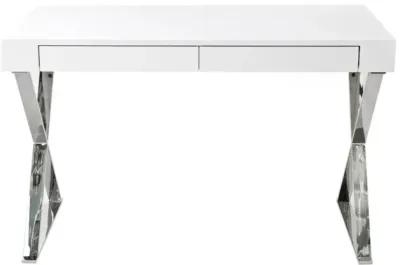 Rix 47 Inch Office Desk, White Wood Top, 2 Drawers, X Polished Steel Legs - Benzara