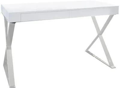 Rix 47 Inch Office Desk, White Wood Top, 2 Drawers, X Polished Steel Legs - Benzara