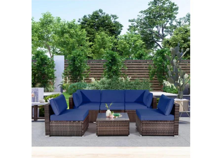 6 Pieces Patio Rattan Furniture Set with Cushions and Glass Coffee Table