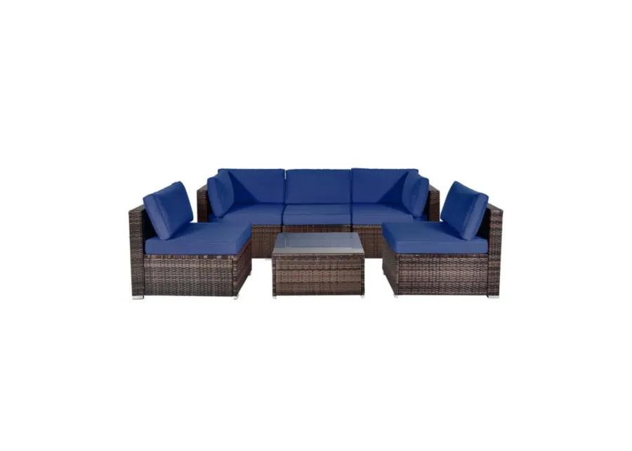 6 Pieces Patio Rattan Furniture Set with Cushions and Glass Coffee Table