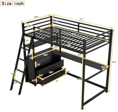 Twin Size Metal&Wood Loft Bed With Desk And Shelves, Two Built-In Drawers