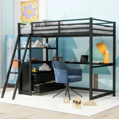 Twin Size Metal&Wood Loft Bed With Desk And Shelves, Two Built-In Drawers